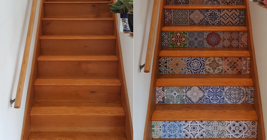 Before and after staircase makeover with removable Tile Stair Riser Decals showing plain wood stairs transformed into colorful Spanish-inspired patterns