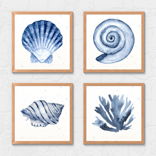 Framed navy shell collection set of 4 coastal digital wall art printable download
