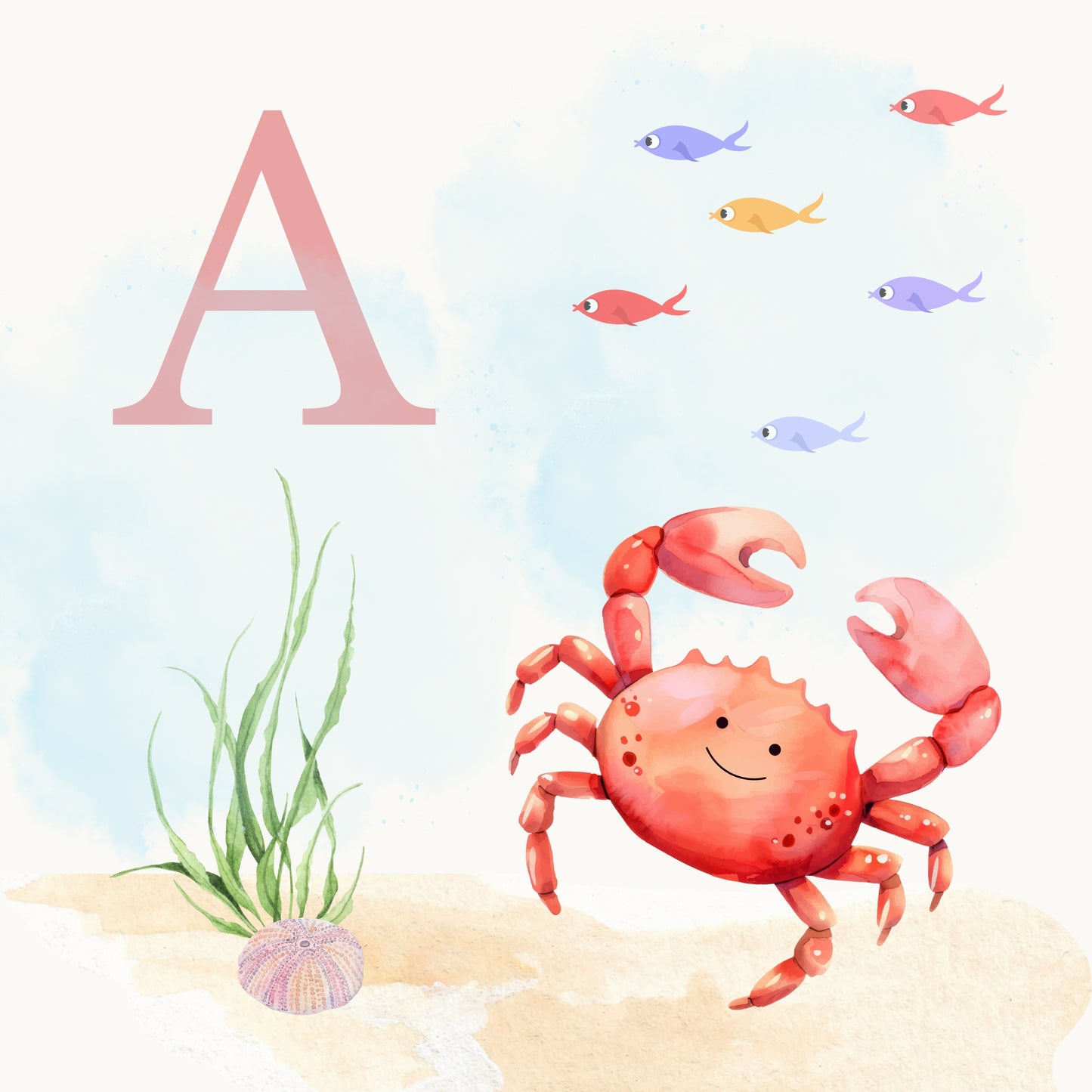 Crab Coastal Alphabet Printable Art - Pink