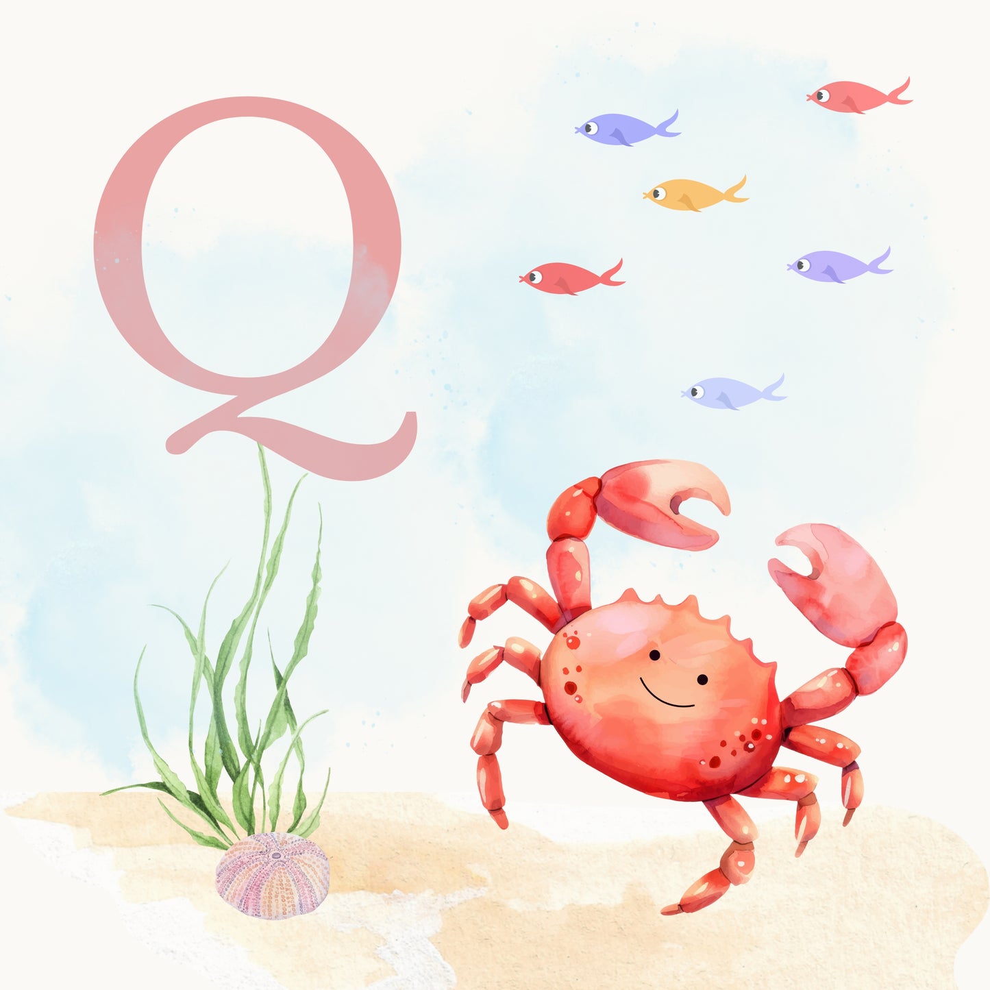 Crab Coastal Alphabet Printable Art - Pink