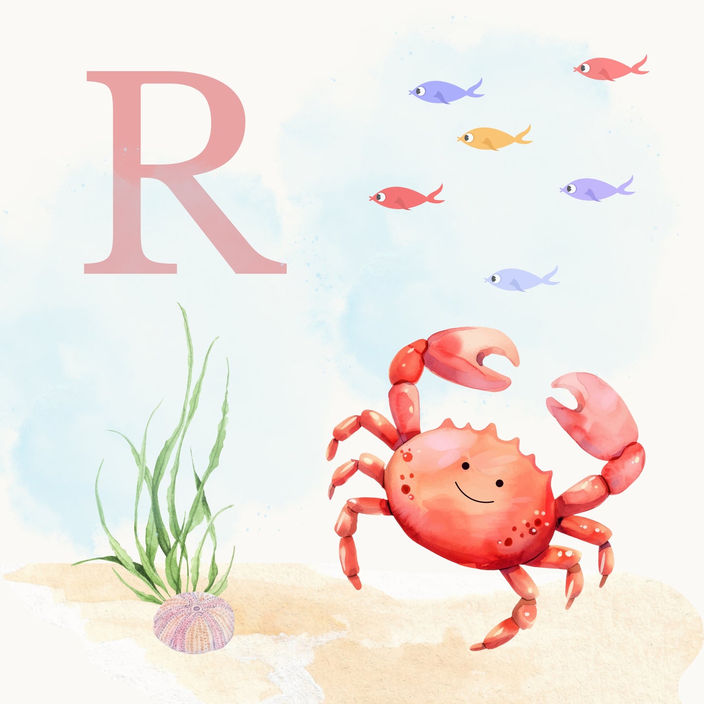 Crab Coastal Alphabet Printable Art - Pink