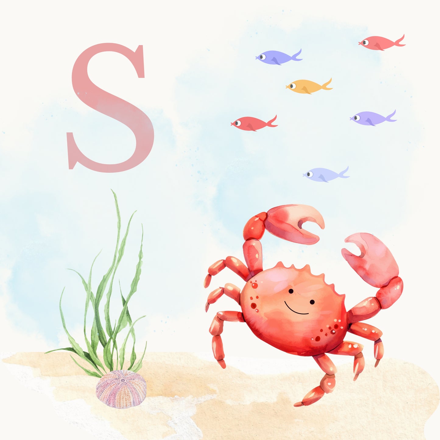 Crab Coastal Alphabet Printable Art - Pink