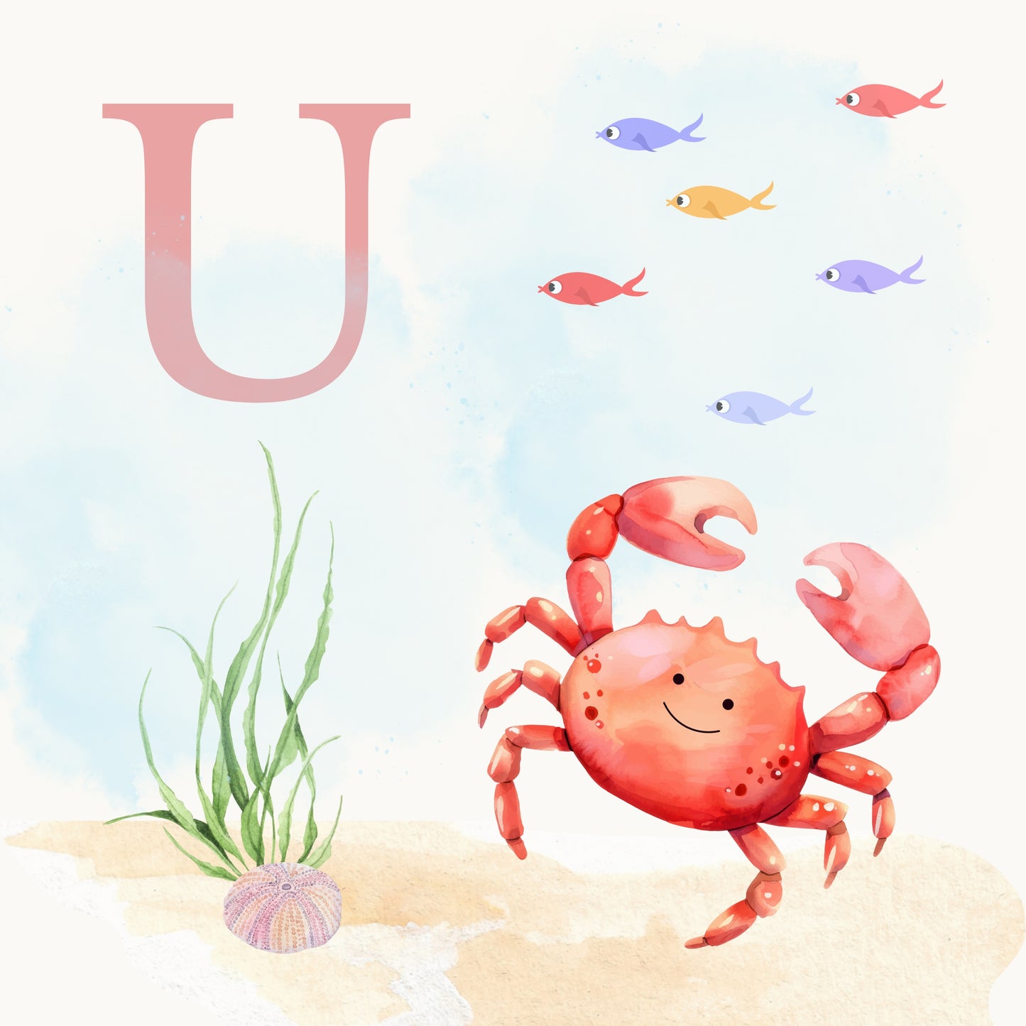 Crab Coastal Alphabet Printable Art - Pink