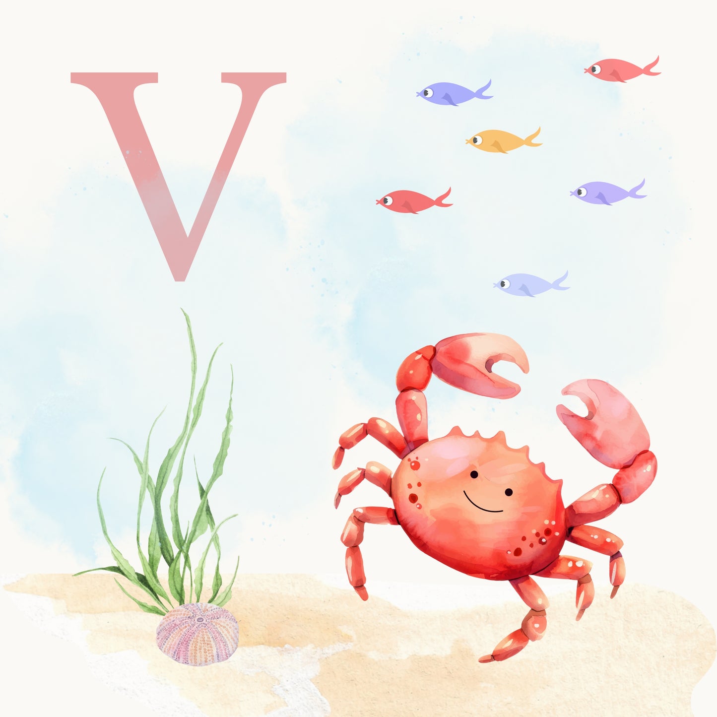 Crab Coastal Alphabet Printable Art - Pink