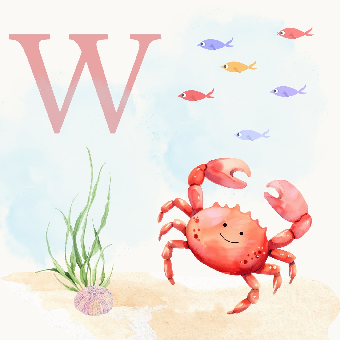 Crab Coastal Alphabet Printable Art - Pink