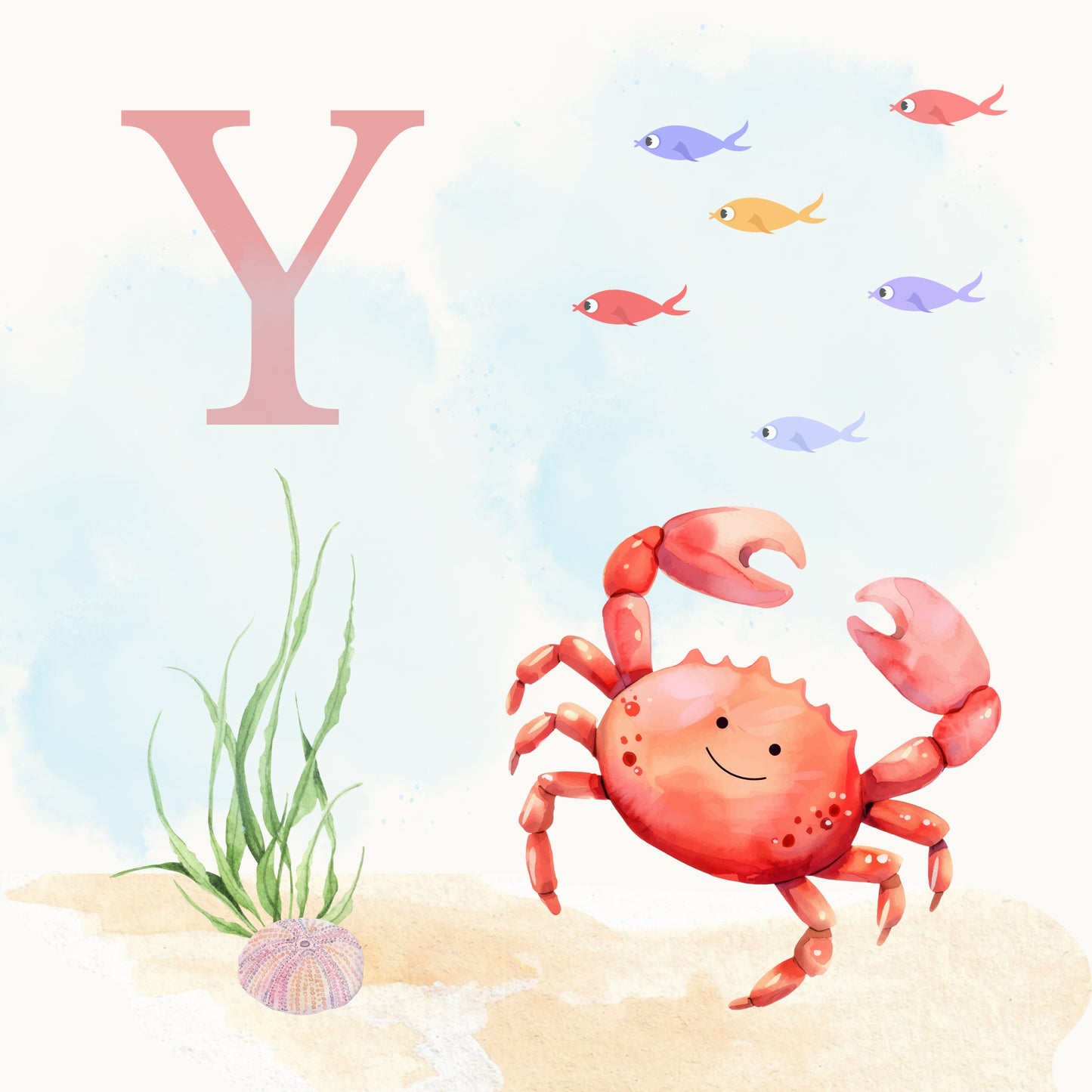 Crab Coastal Alphabet Printable Art - Pink