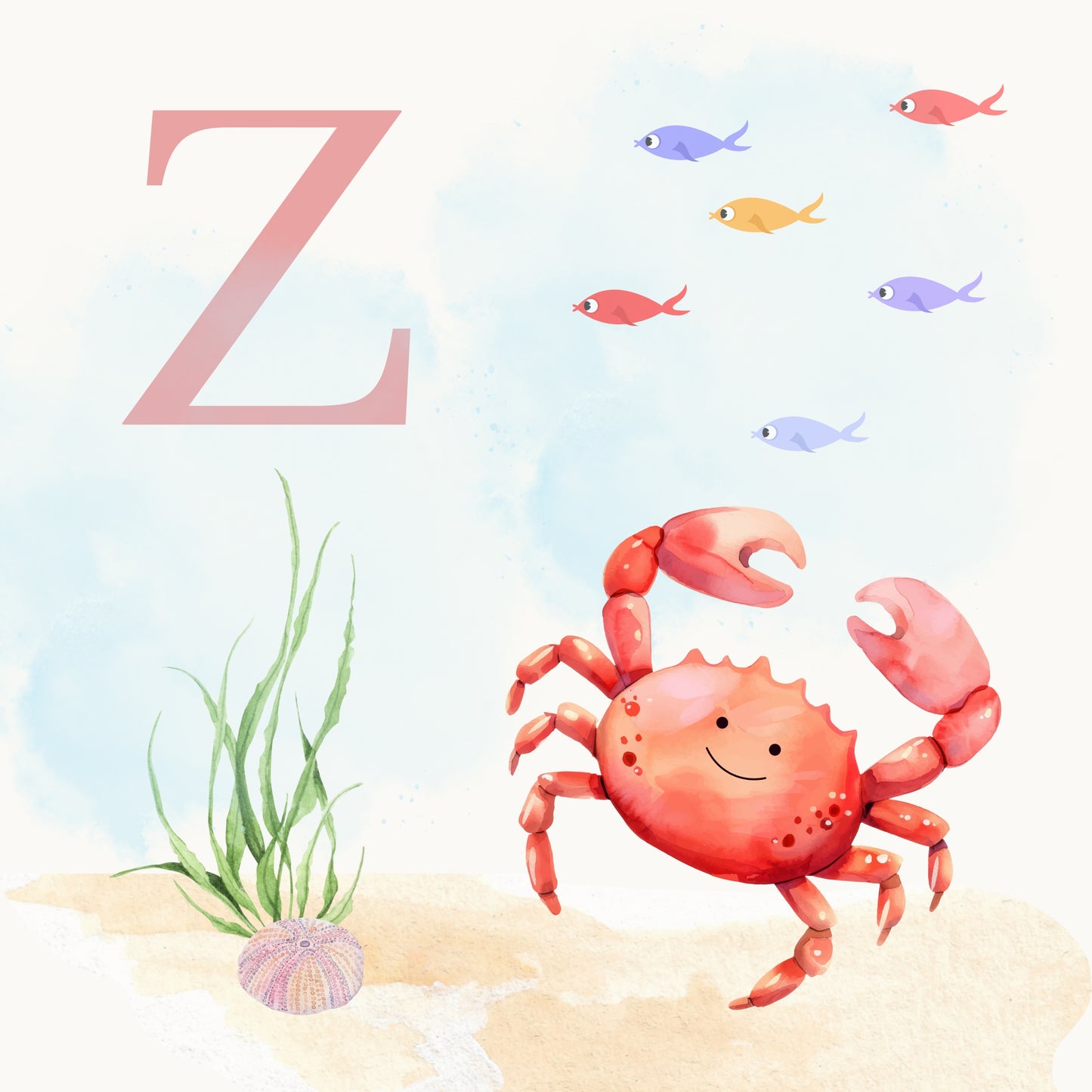 Crab Coastal Alphabet Printable Art - Pink