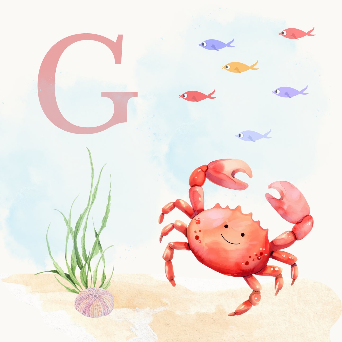 Crab Coastal Alphabet Printable Art - Pink
