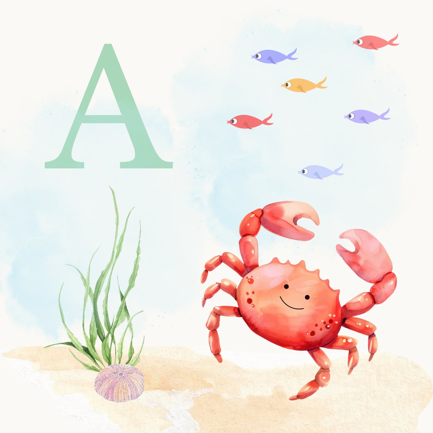 Crab Coastal Alphabet Printable Art - Green