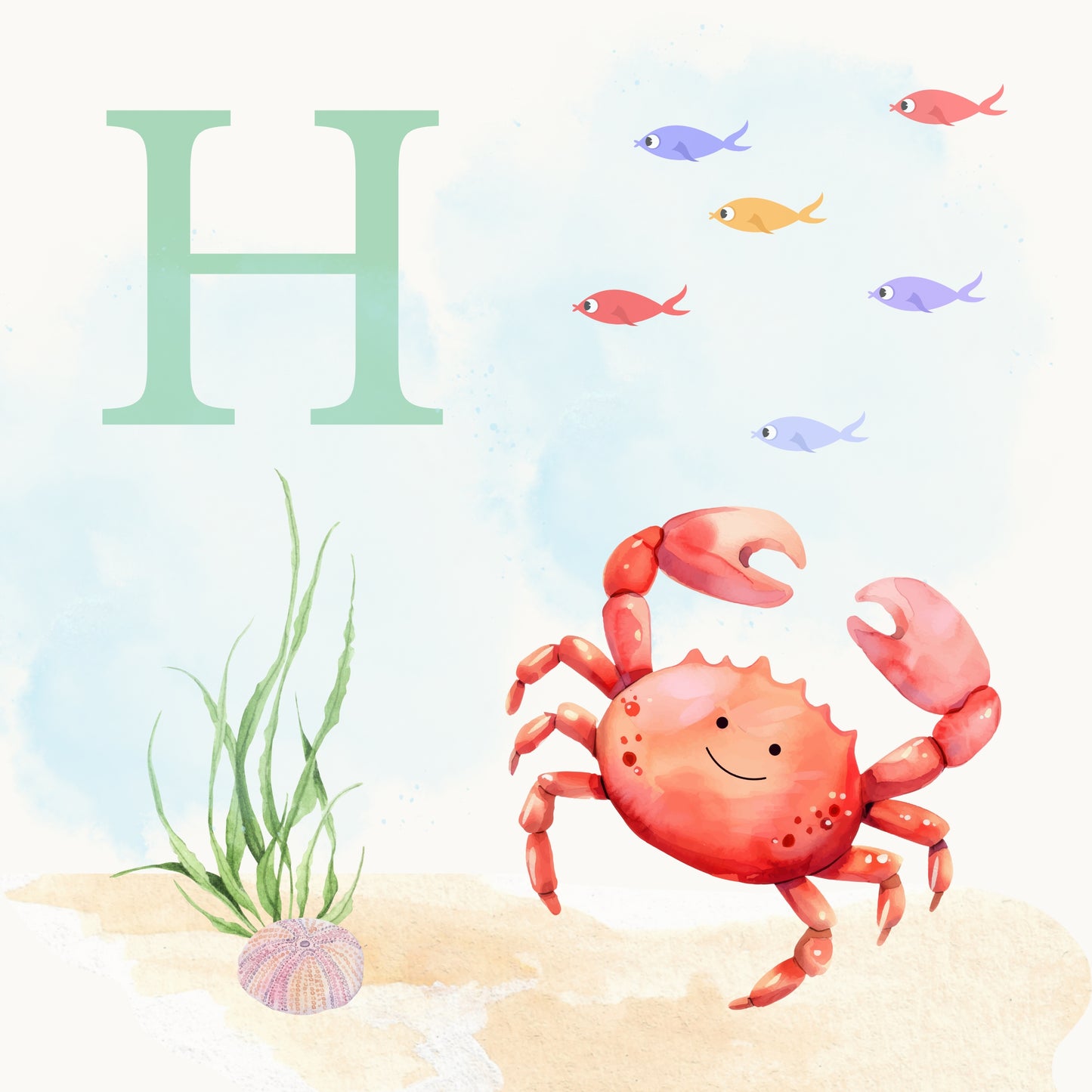 Crab Coastal Alphabet Printable Art - Green