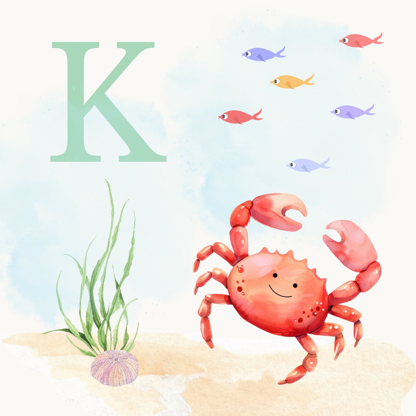 Crab Coastal Alphabet Printable Art - Green