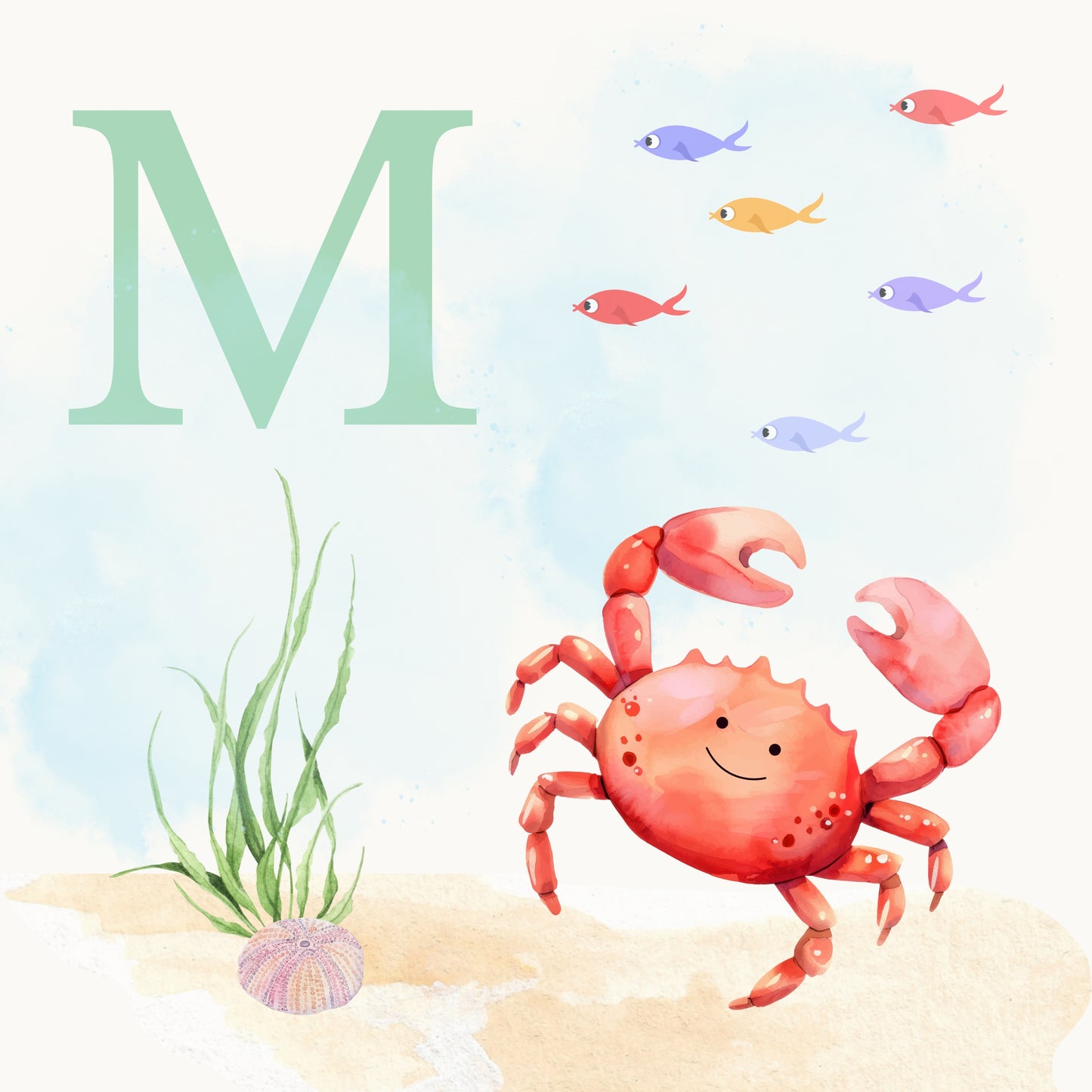 Crab Coastal Alphabet Printable Art - Green