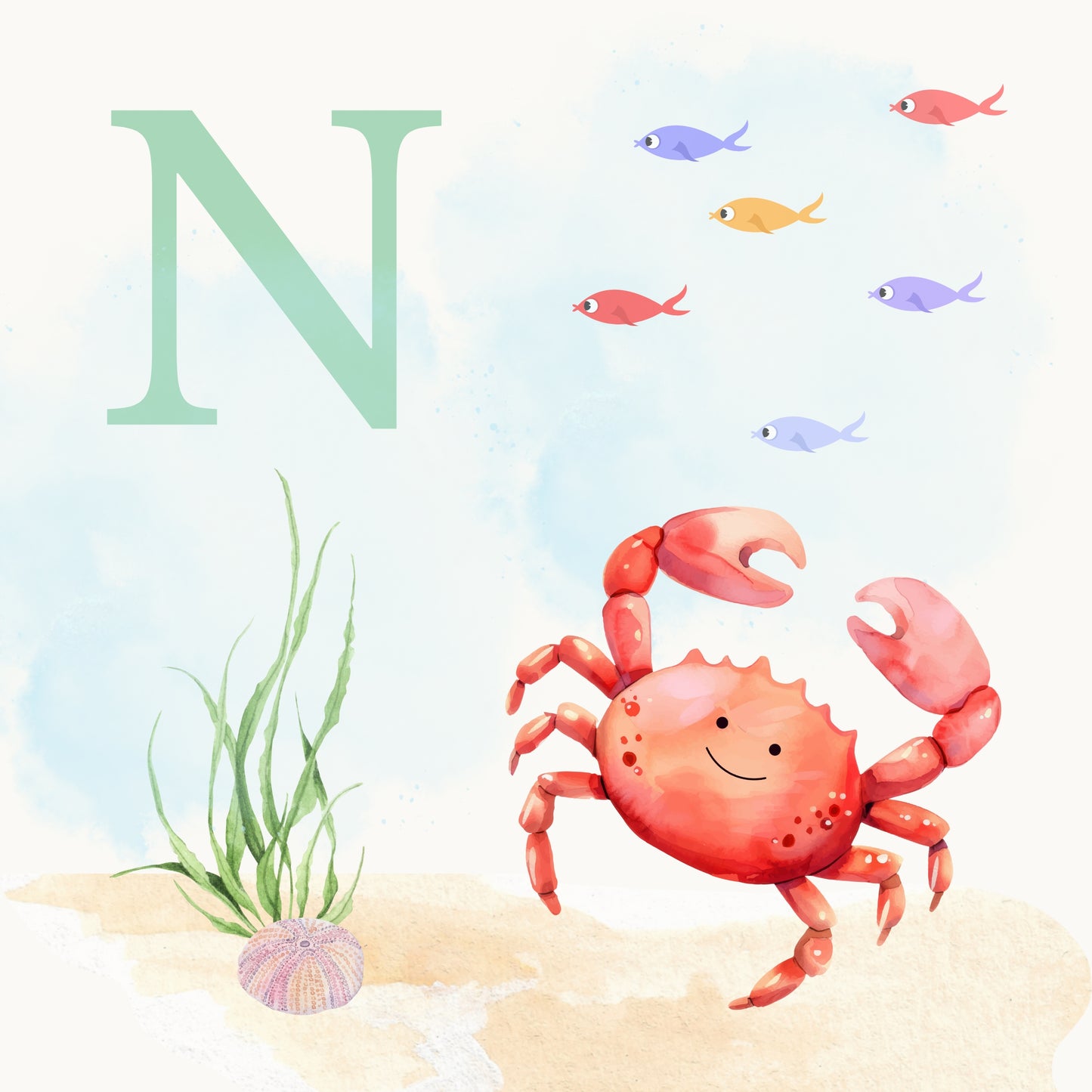 Crab Coastal Alphabet Printable Art - Green
