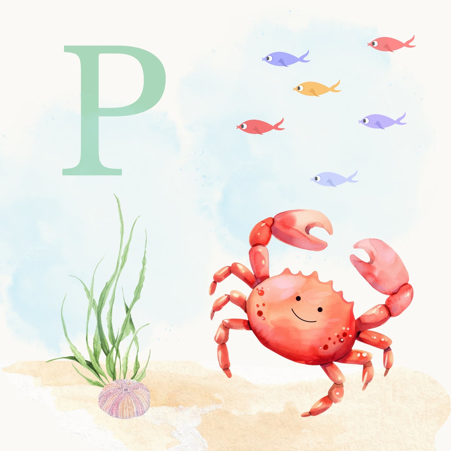 Crab Coastal Alphabet Printable Art - Green