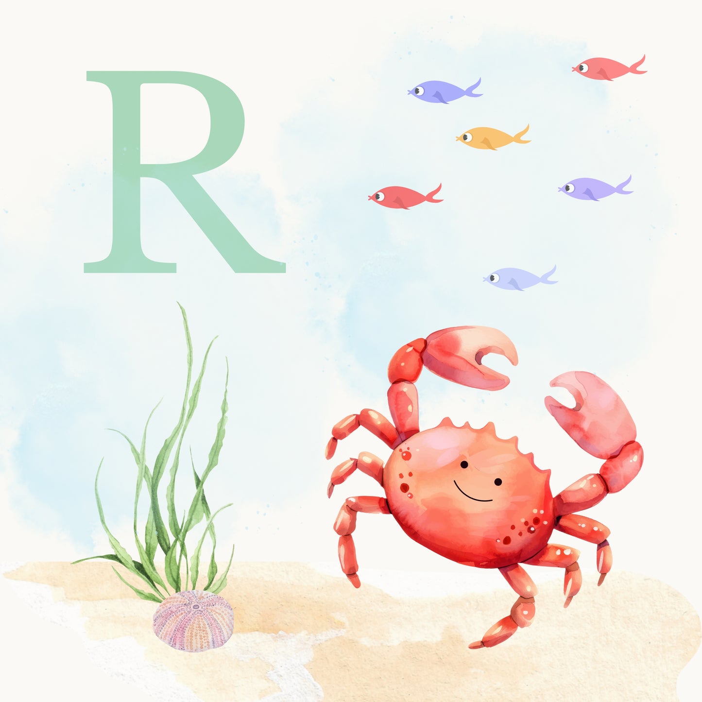 Crab Coastal Alphabet Printable Art - Green