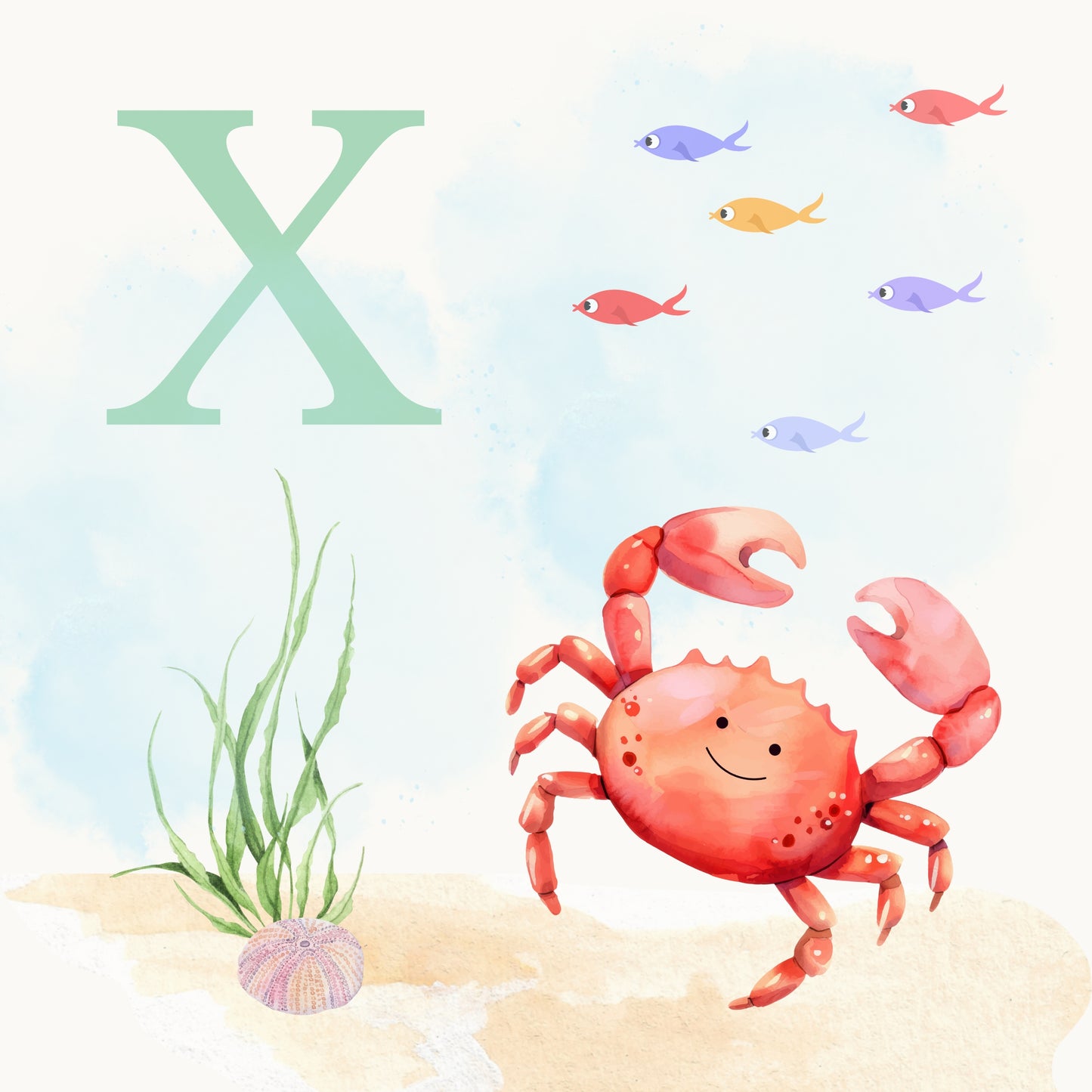 Crab Coastal Alphabet Printable Art - Green