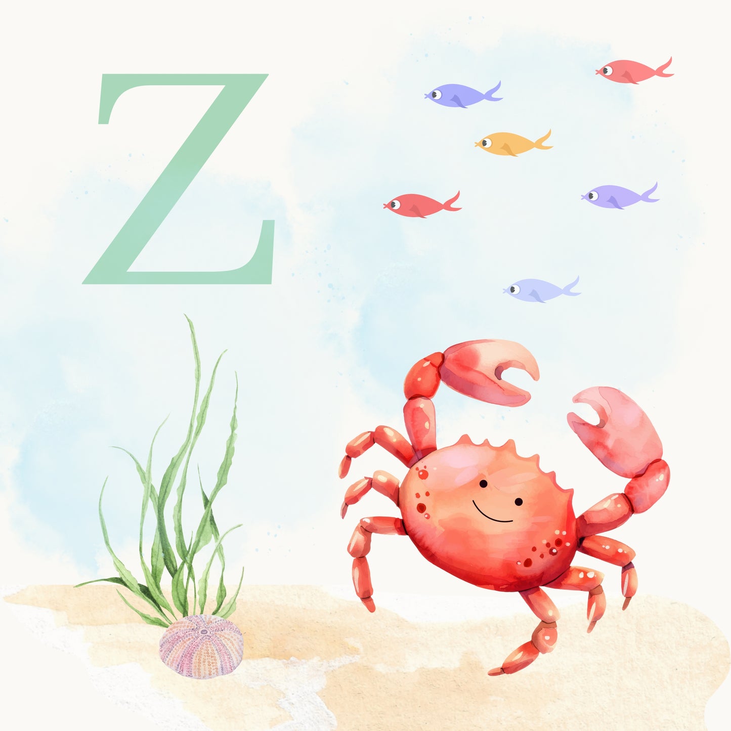 Crab Coastal Alphabet Printable Art - Green