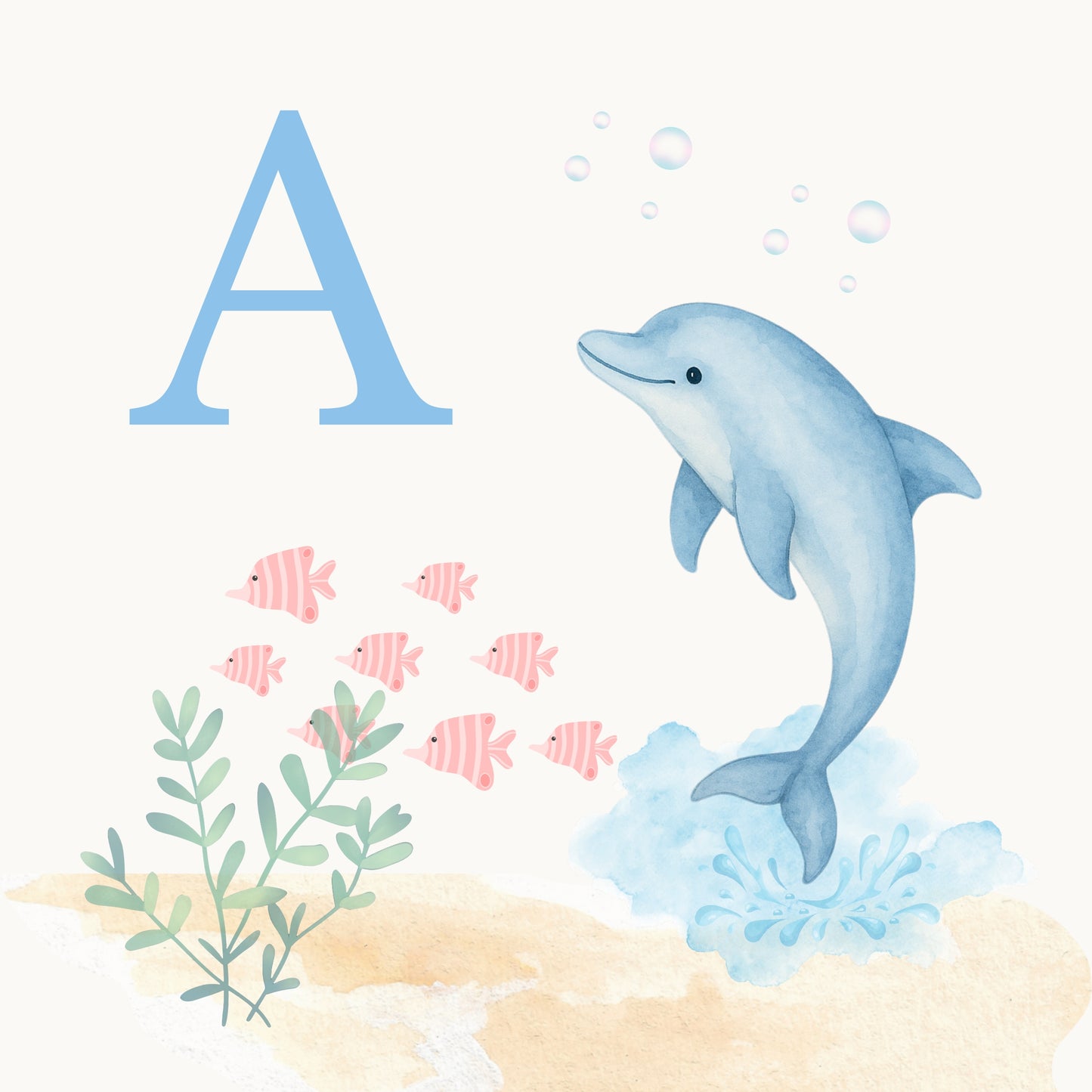 Dolphin Coastal Alphabet Printable Art - Blue