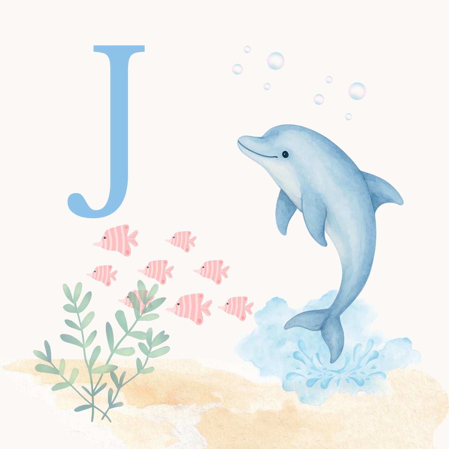 Dolphin Coastal Alphabet Printable Art - Blue
