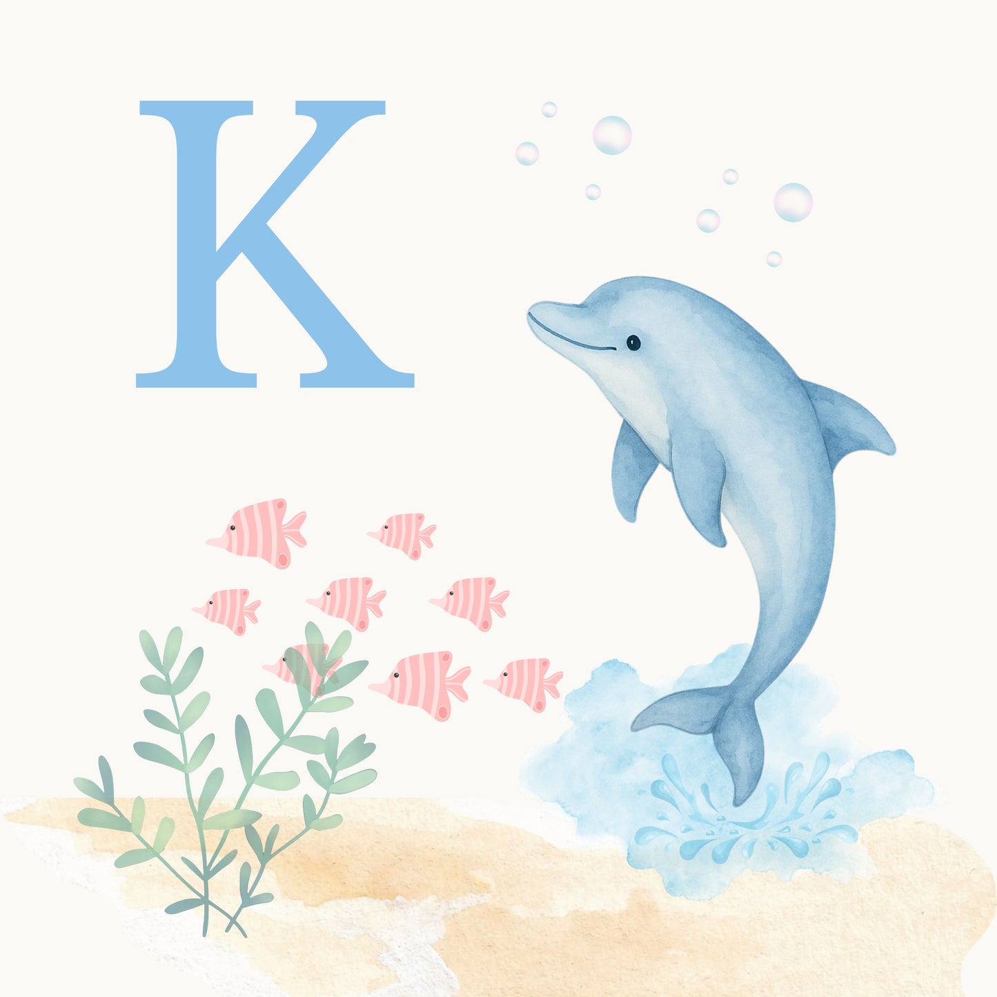 Dolphin Coastal Alphabet Printable Art - Blue