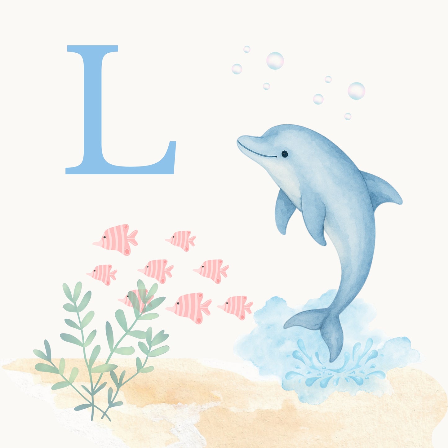 Dolphin Coastal Alphabet Printable Art - Blue