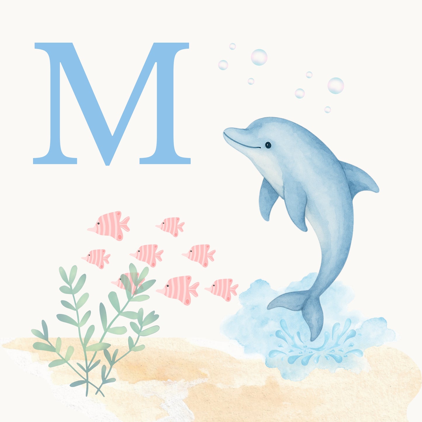 Dolphin Coastal Alphabet Printable Art - Blue