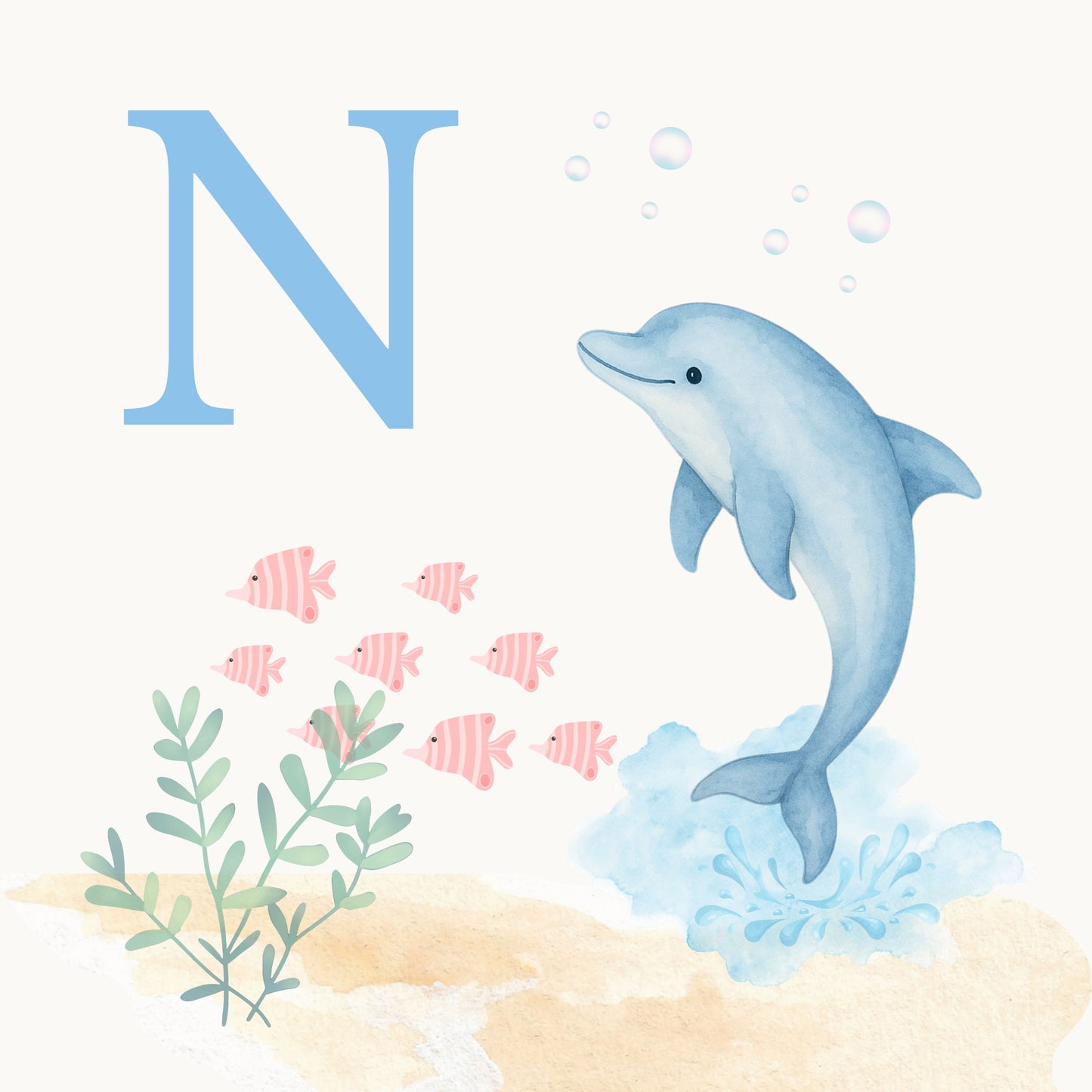 Dolphin Coastal Alphabet Printable Art - Blue