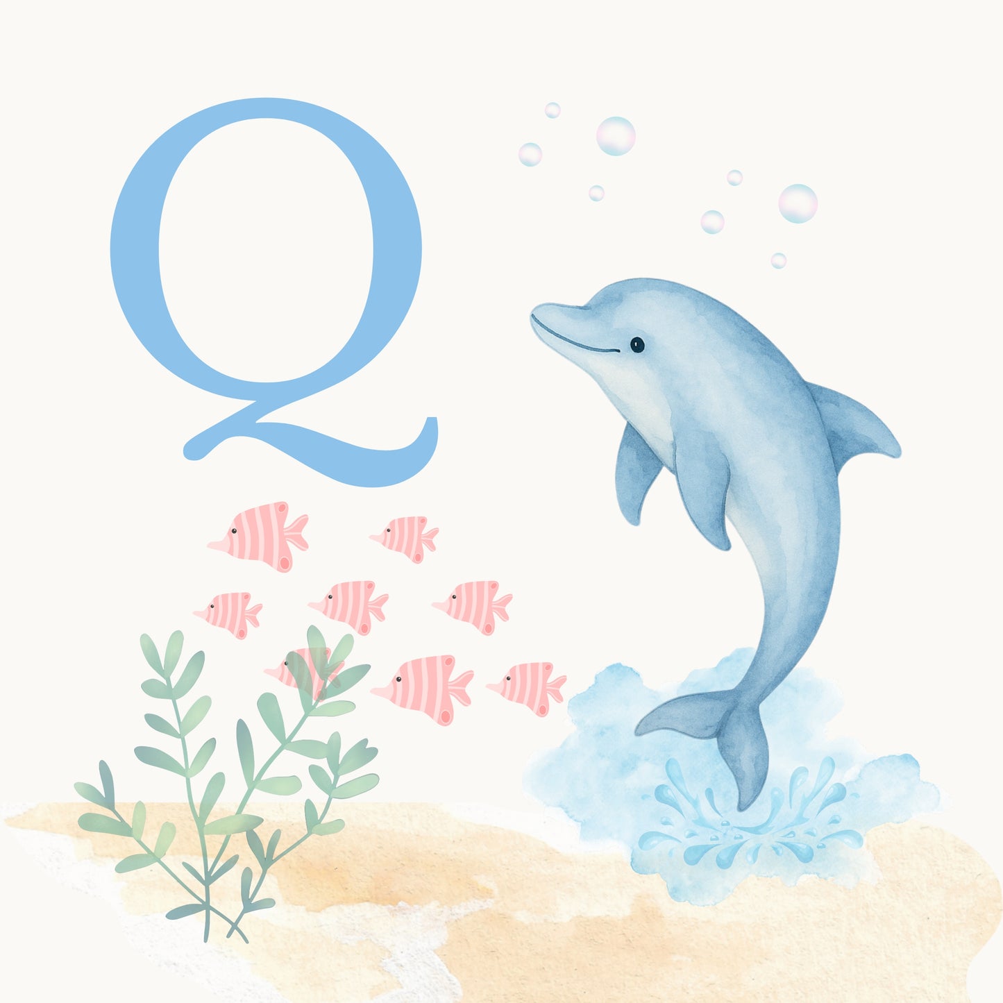 Dolphin Coastal Alphabet Printable Art - Blue