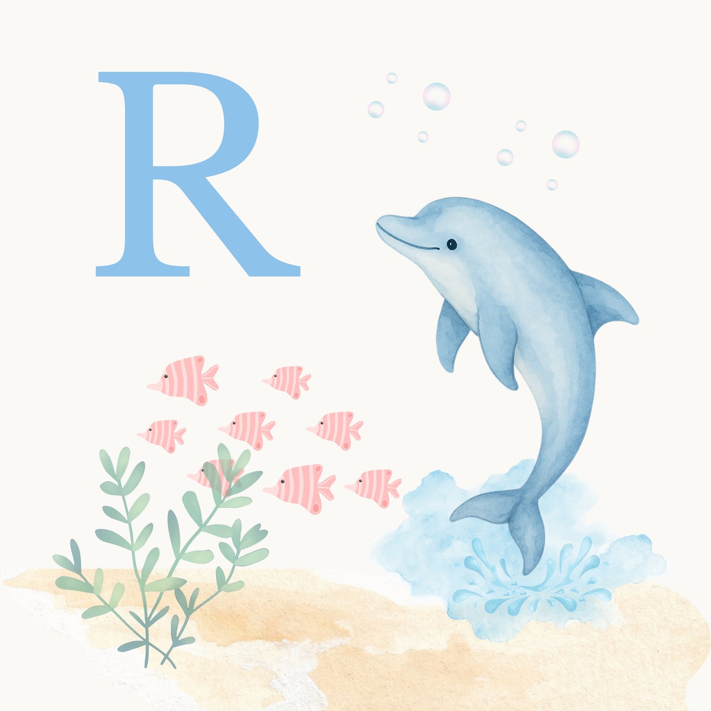 Dolphin Coastal Alphabet Printable Art - Blue