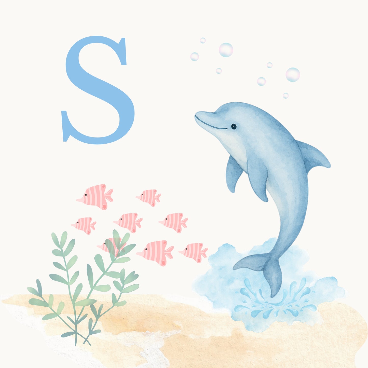 Dolphin Coastal Alphabet Printable Art - Blue