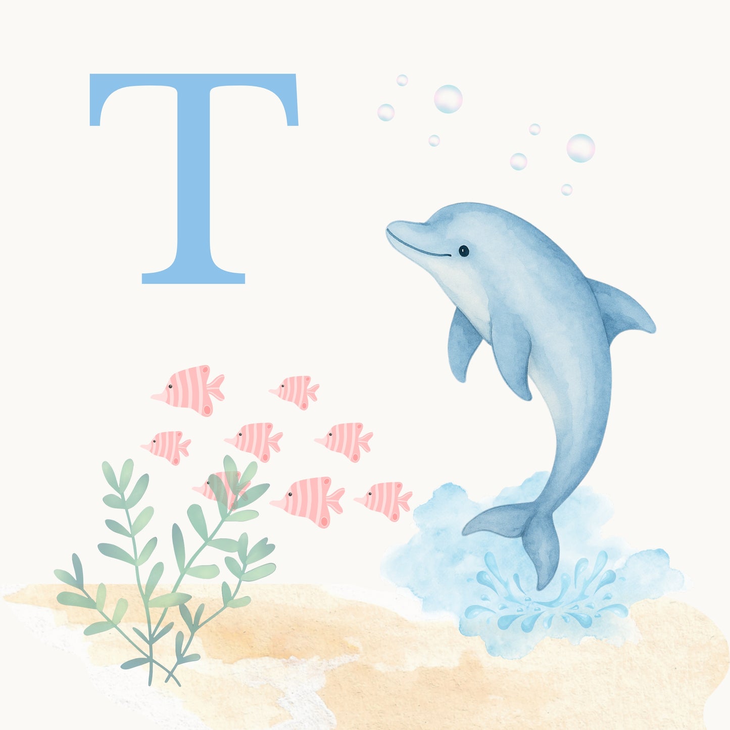 Dolphin Coastal Alphabet Printable Art - Blue
