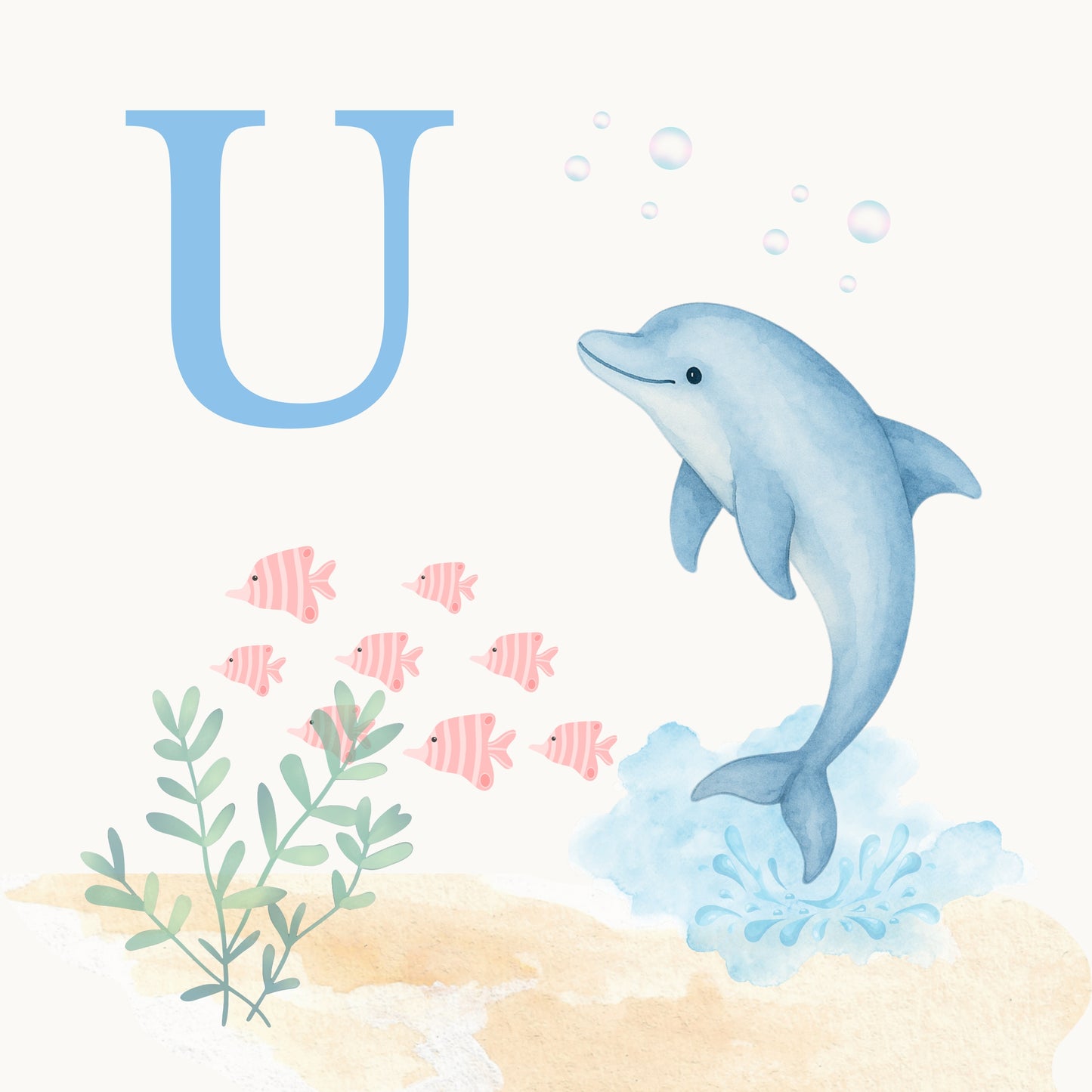 Dolphin Coastal Alphabet Printable Art - Blue