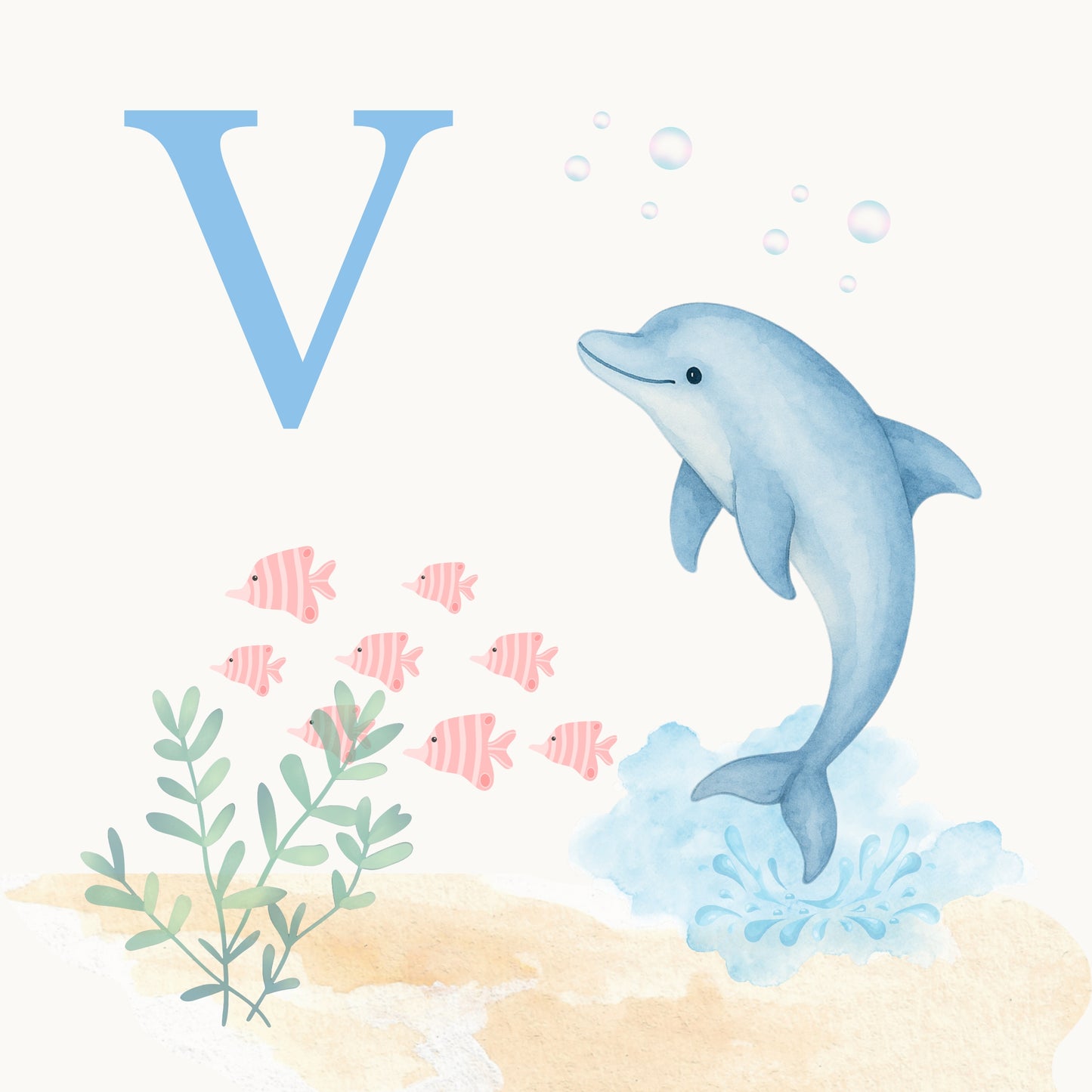 Dolphin Coastal Alphabet Printable Art - Blue