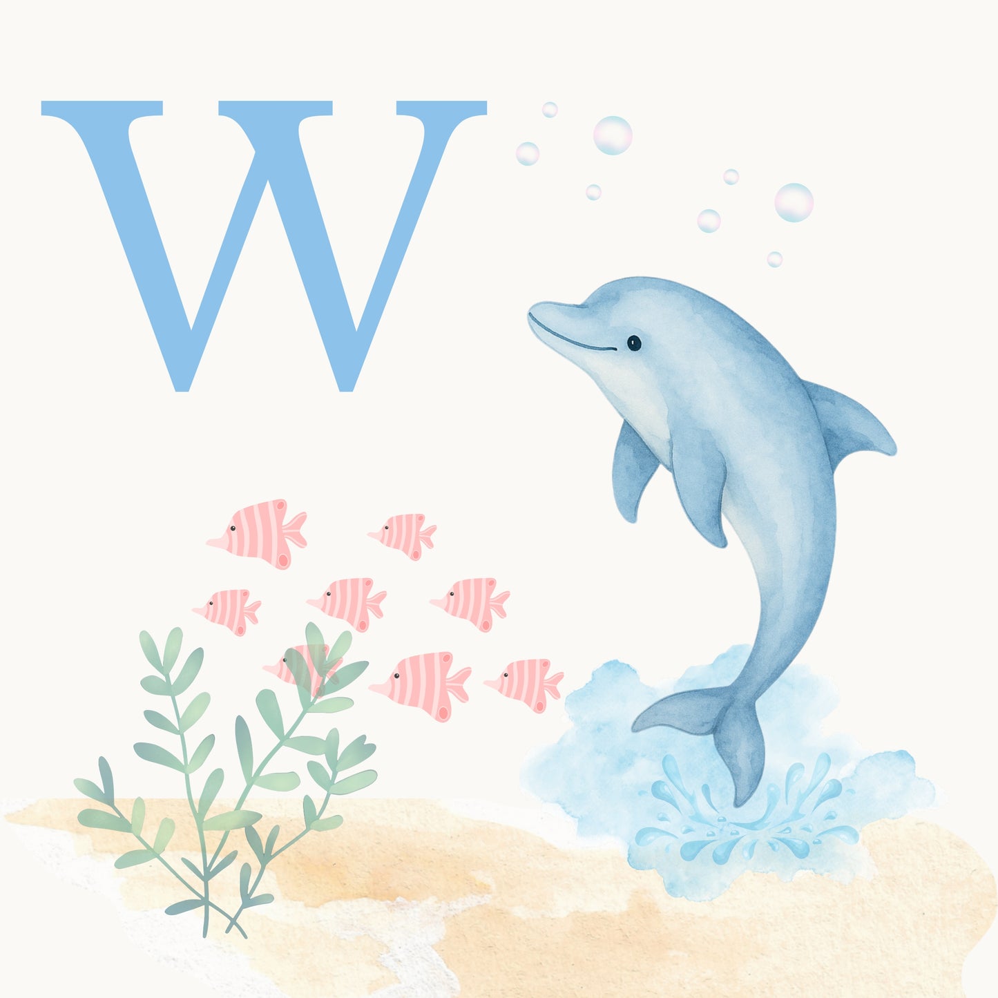 Dolphin Coastal Alphabet Printable Art - Blue