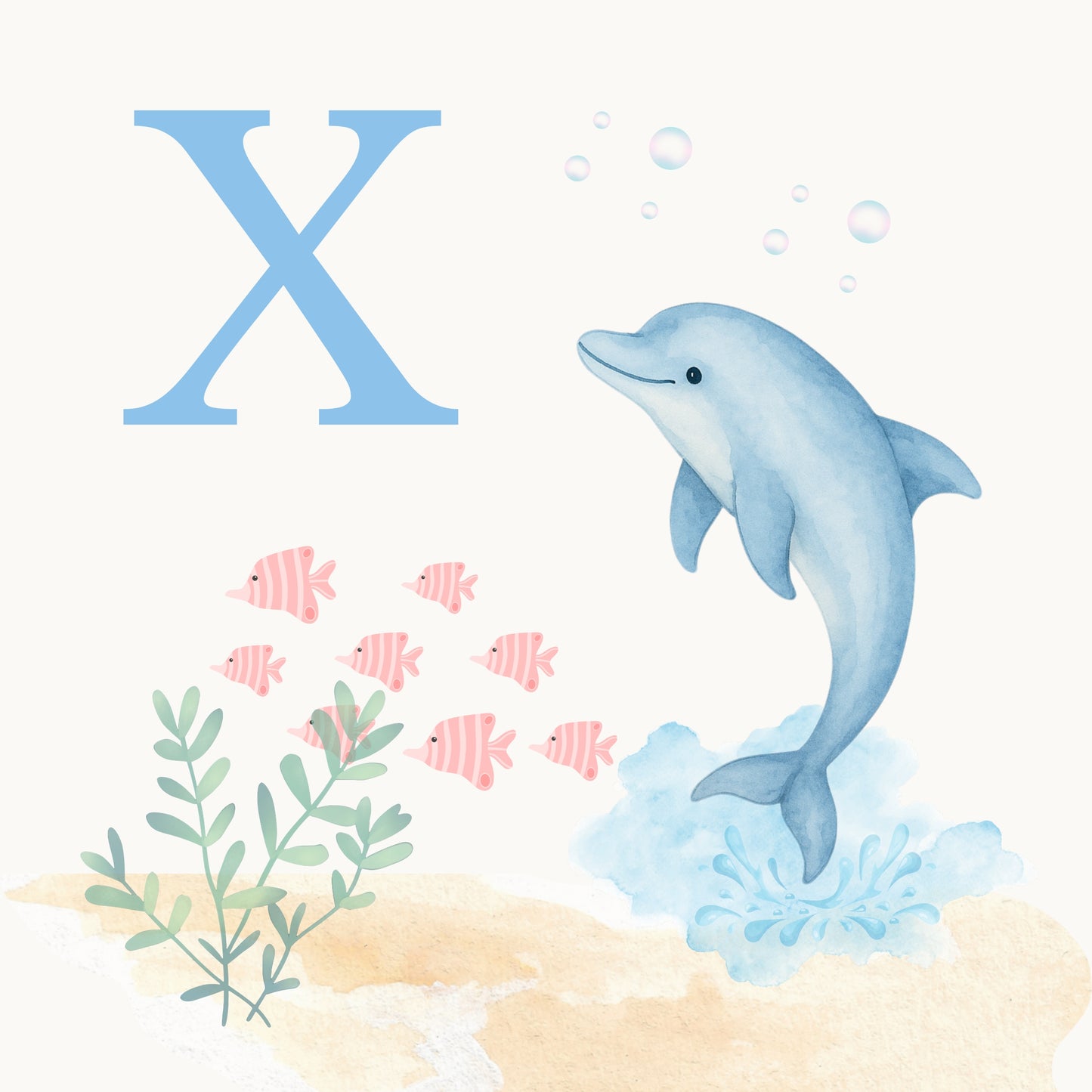 Dolphin Coastal Alphabet Printable Art - Blue