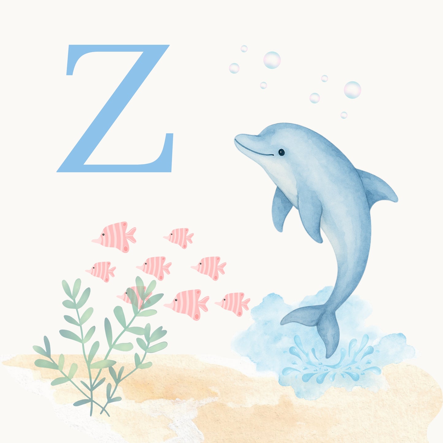 Dolphin Coastal Alphabet Printable Art - Blue