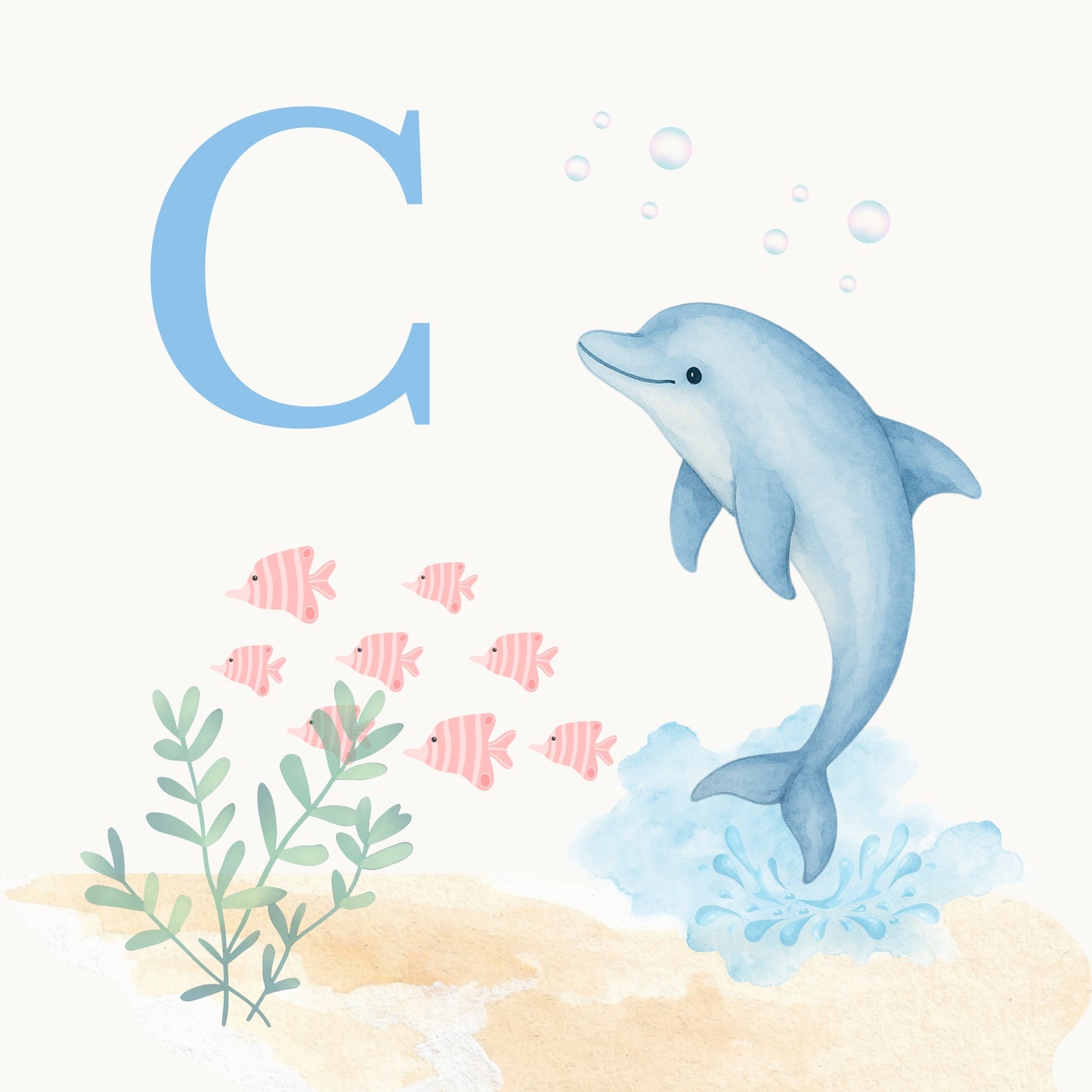 Dolphin Coastal Alphabet Printable Art - Blue