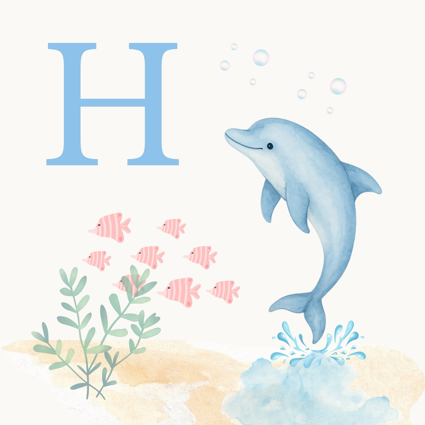 Dolphin Coastal Alphabet Printable Art - Blue