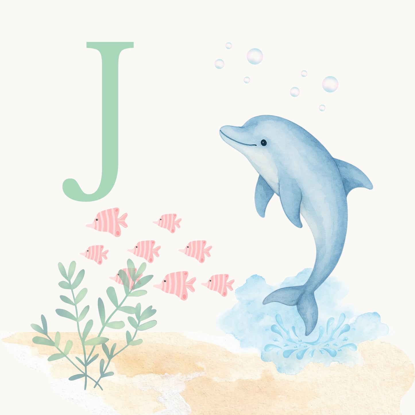 Dolphin Coastal Alphabet Printable Art - Green