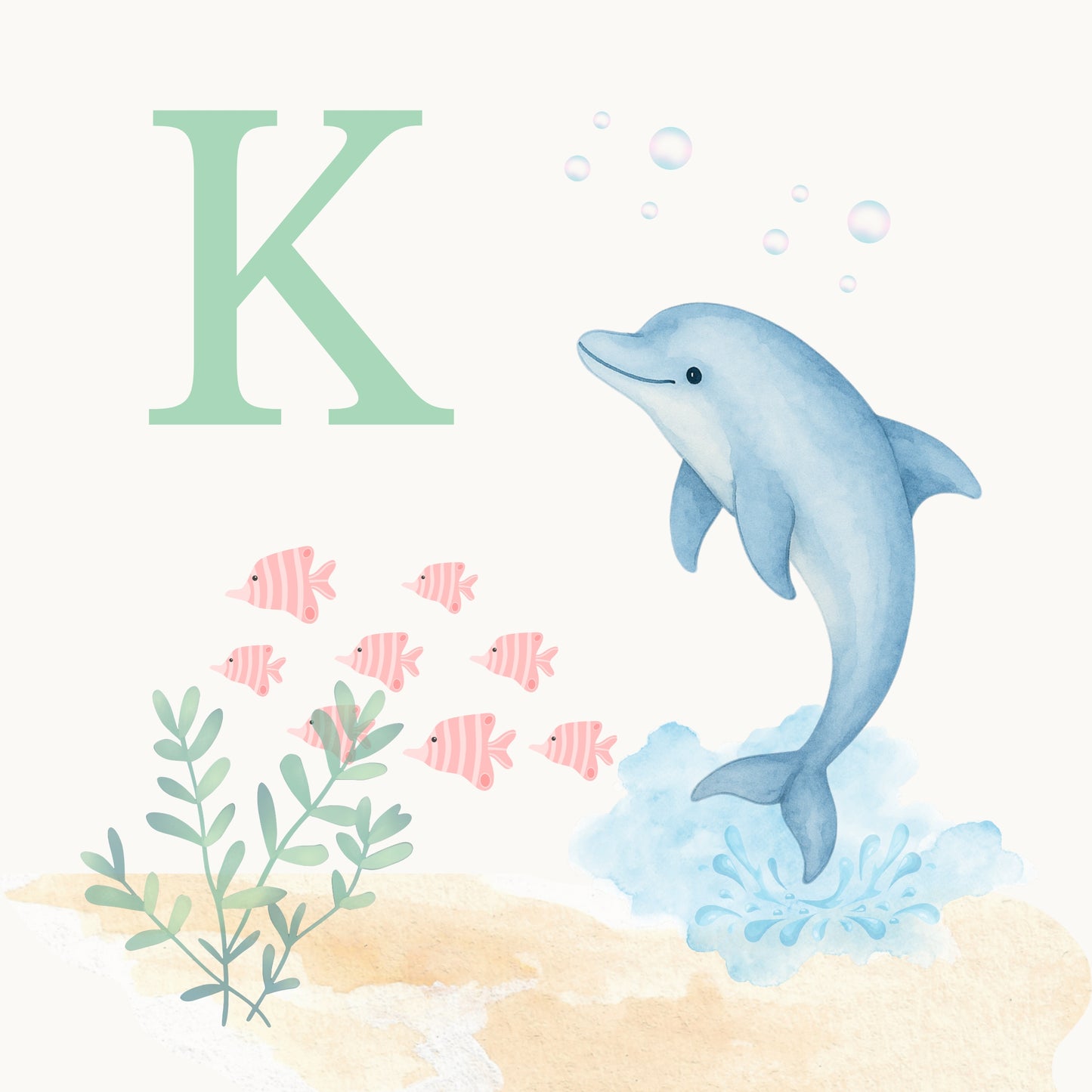 Dolphin Coastal Alphabet Printable Art - Green