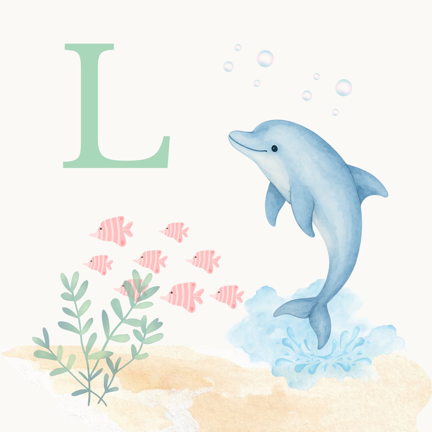 Dolphin Coastal Alphabet Printable Art - Green