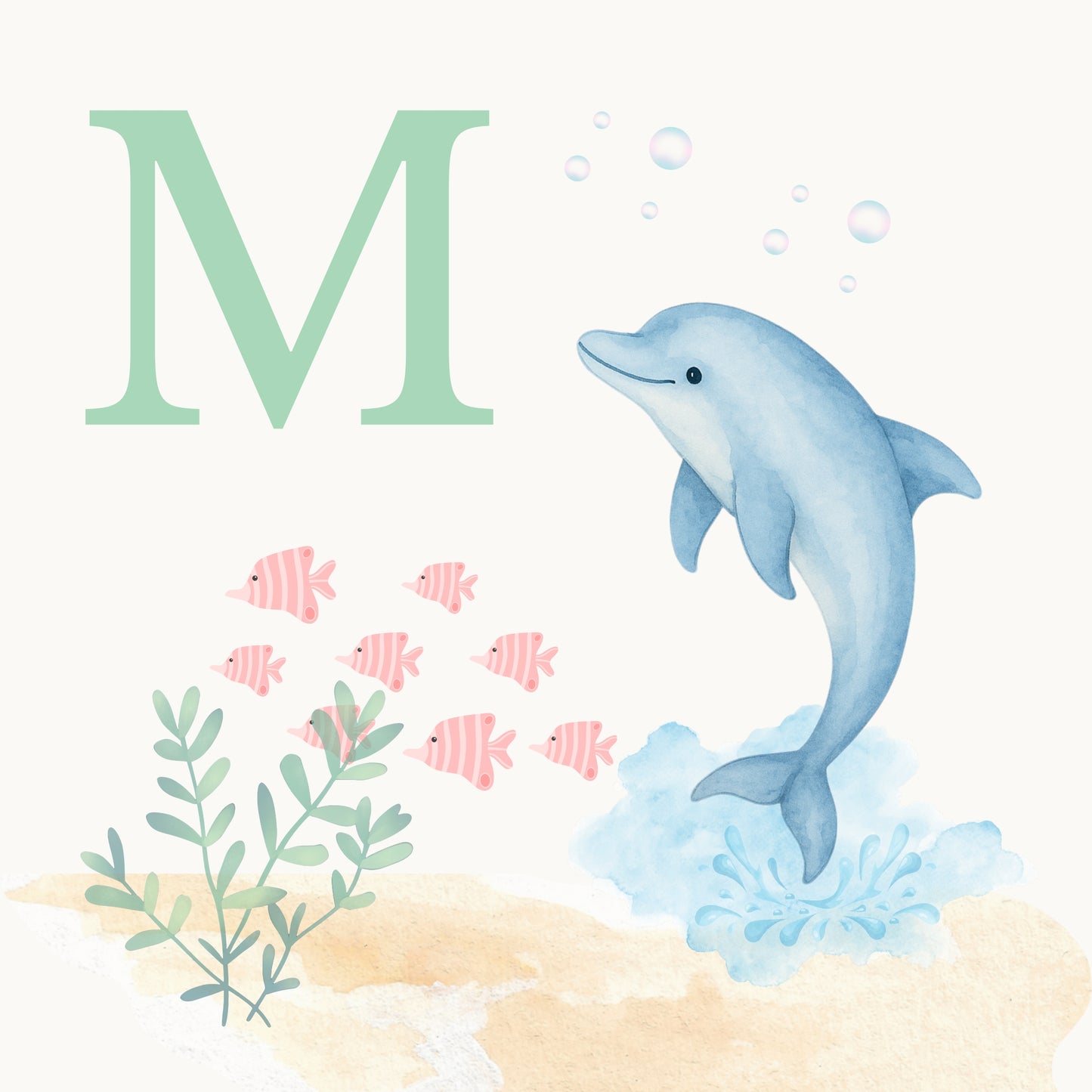 Dolphin Coastal Alphabet Printable Art - Green