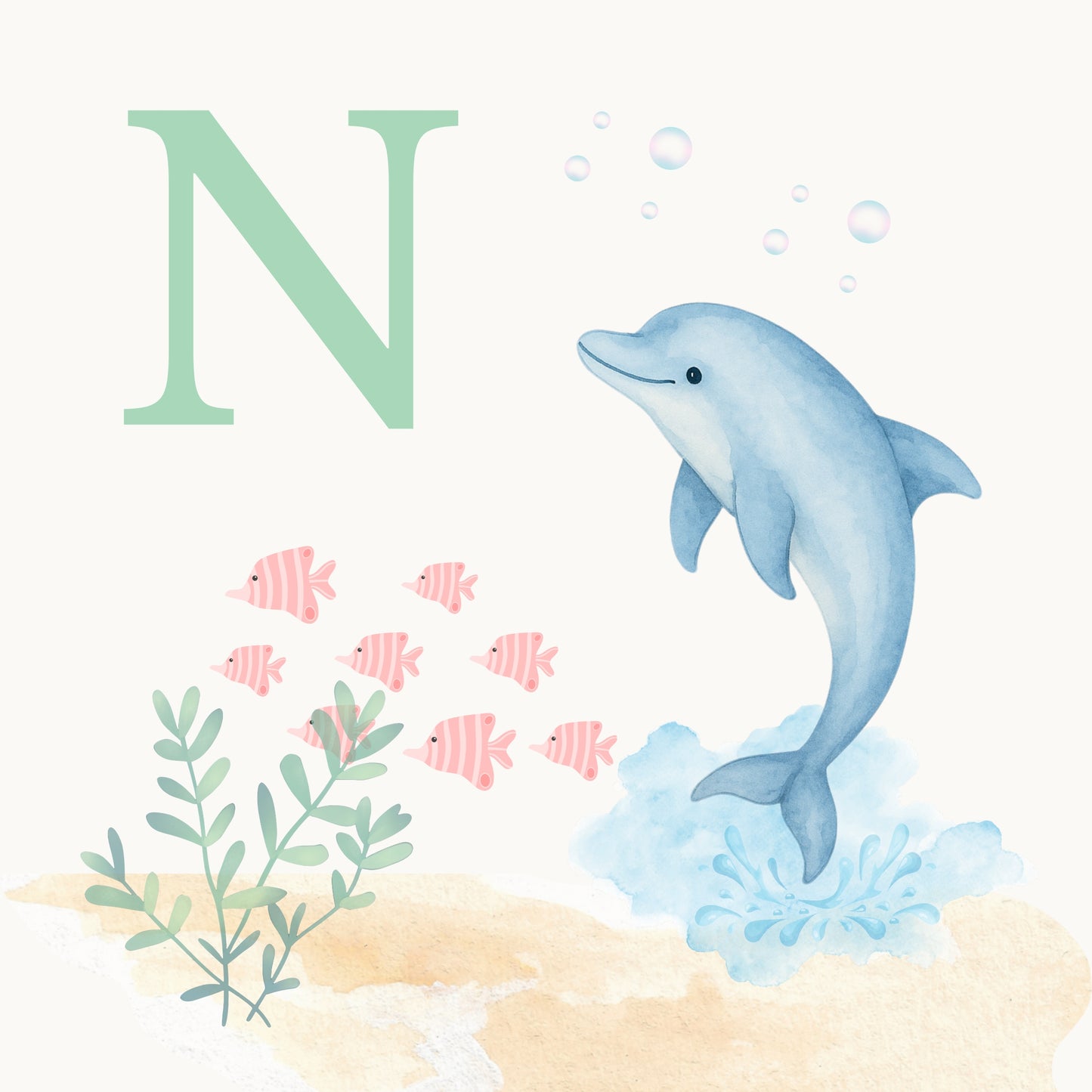 Dolphin Coastal Alphabet Printable Art - Green