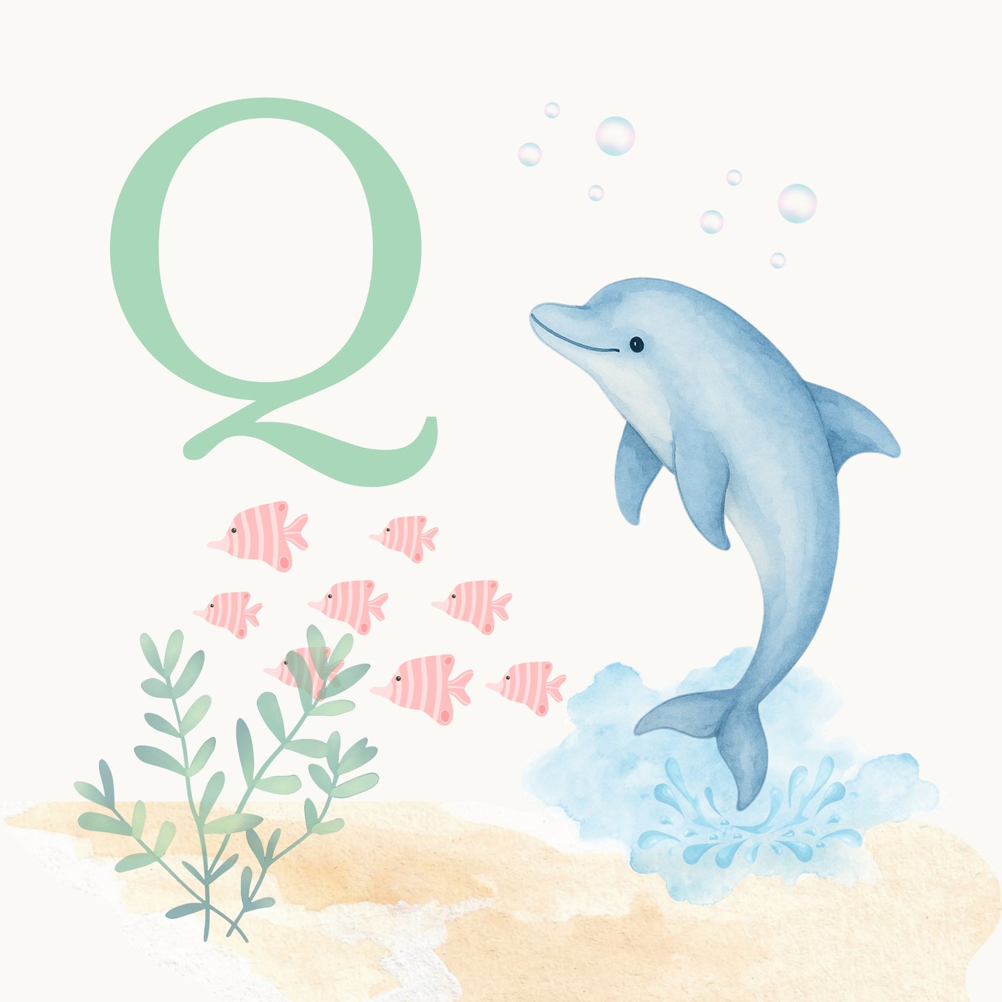 Dolphin Coastal Alphabet Printable Art - Green