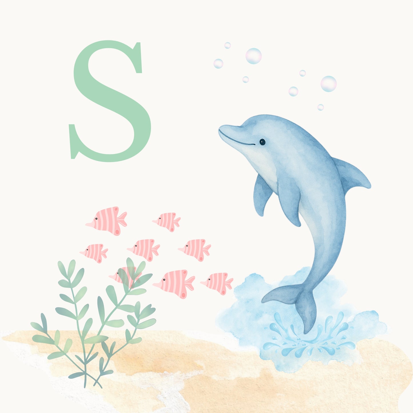 Dolphin Coastal Alphabet Printable Art - Green