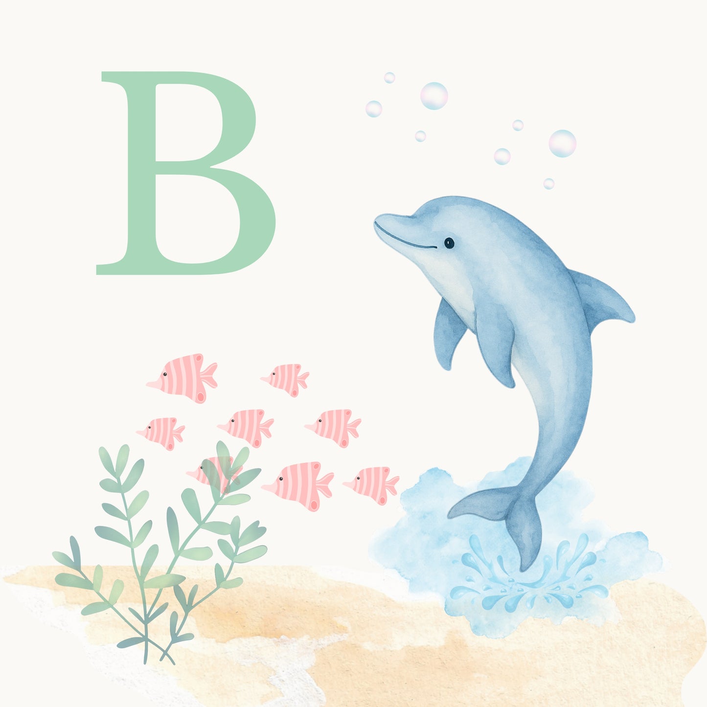 Dolphin Coastal Alphabet Printable Art - Green