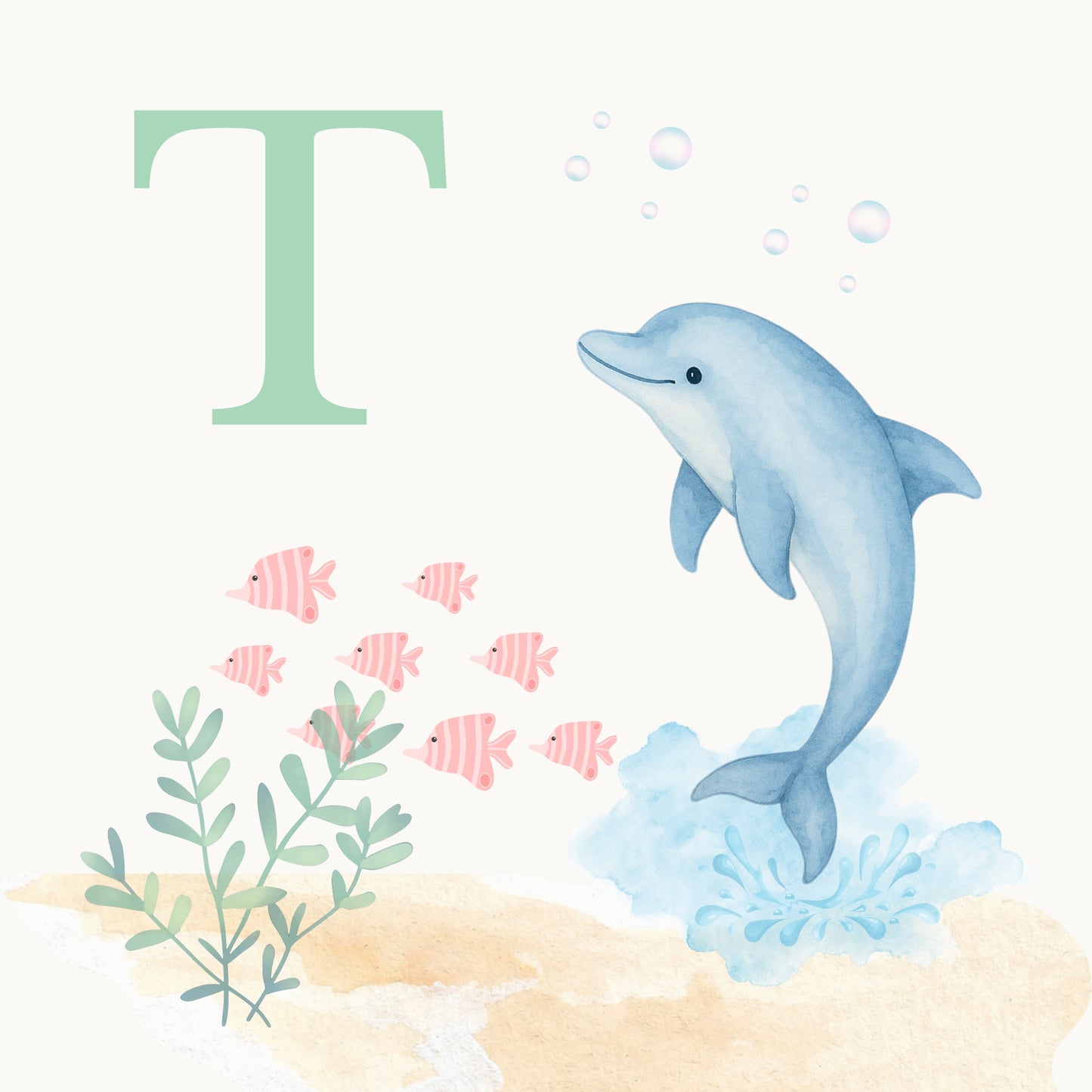 Dolphin Coastal Alphabet Printable Art - Green