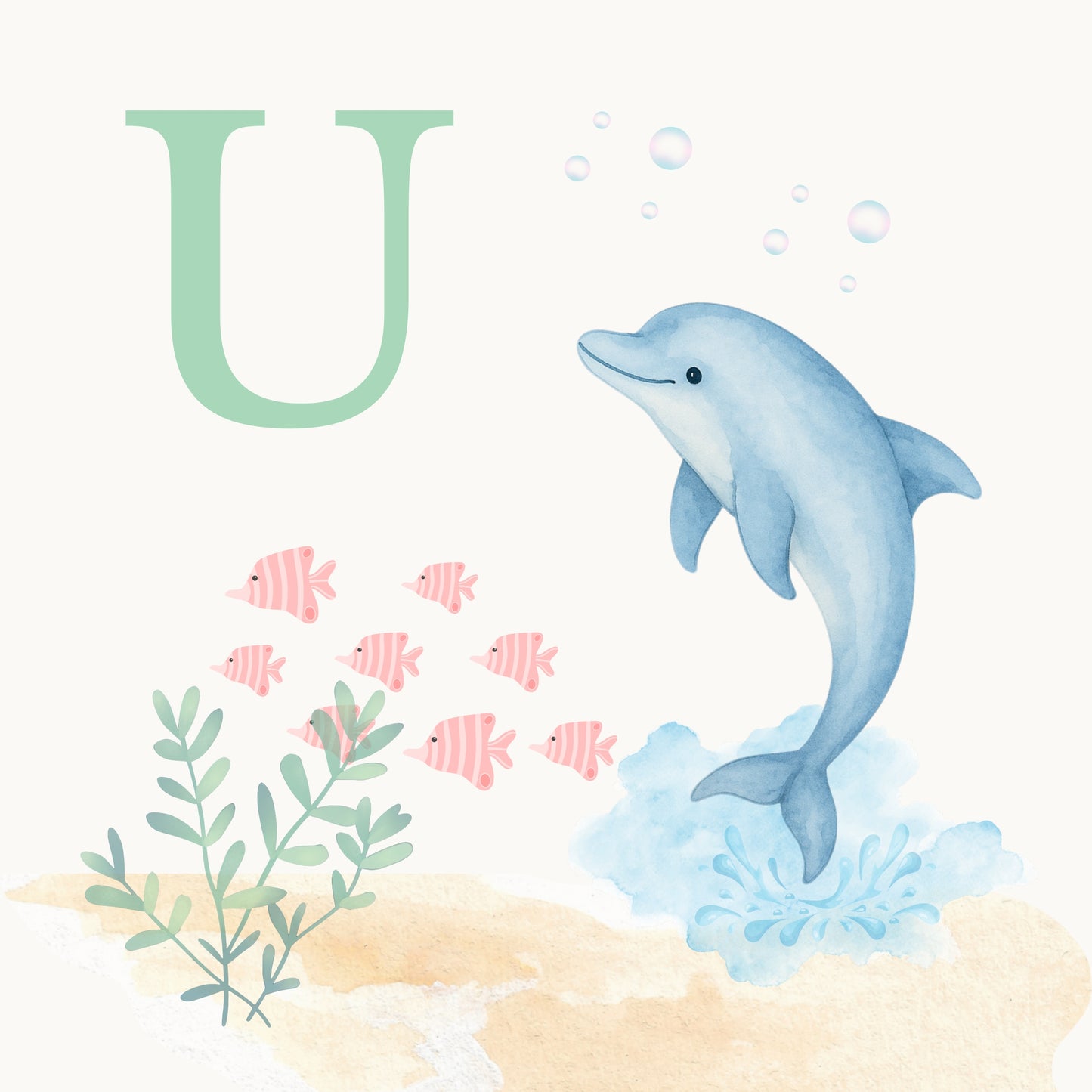 Dolphin Coastal Alphabet Printable Art - Green