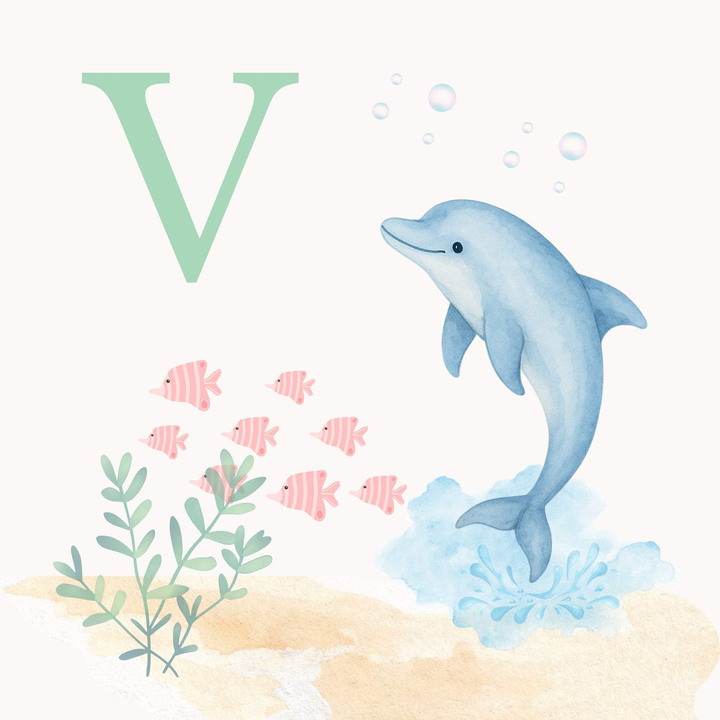 Dolphin Coastal Alphabet Printable Art - Green