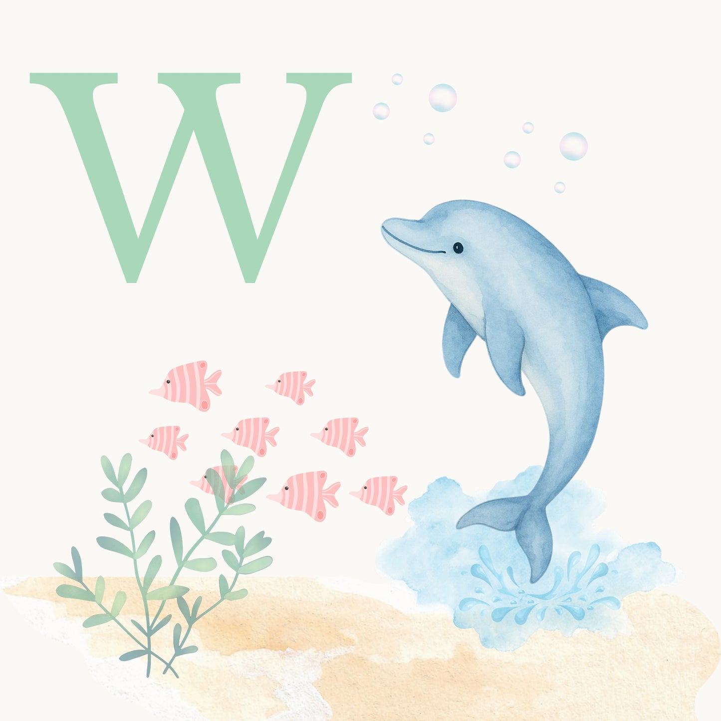 Dolphin Coastal Alphabet Printable Art - Green
